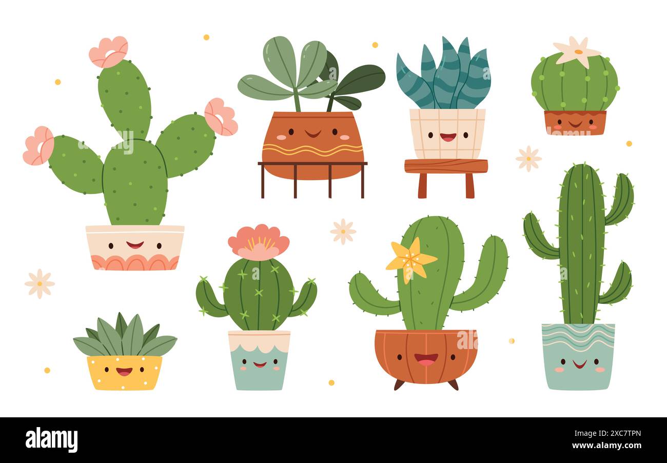 Set di carini cactus e succulenti cartoni animati con volti divertenti in pentole e con piante Illustrazione Vettoriale