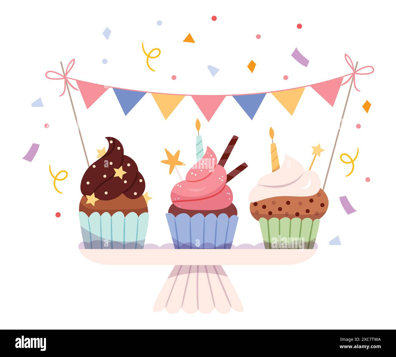 Una serie di cupcake festivi. Dolci su un vassoio Pasticcini con panna e cioccolato. Coriandoli. Compleanno. Atmosfera festiva. Colori pastello. Disegna a mano. Illustrazione Vettoriale