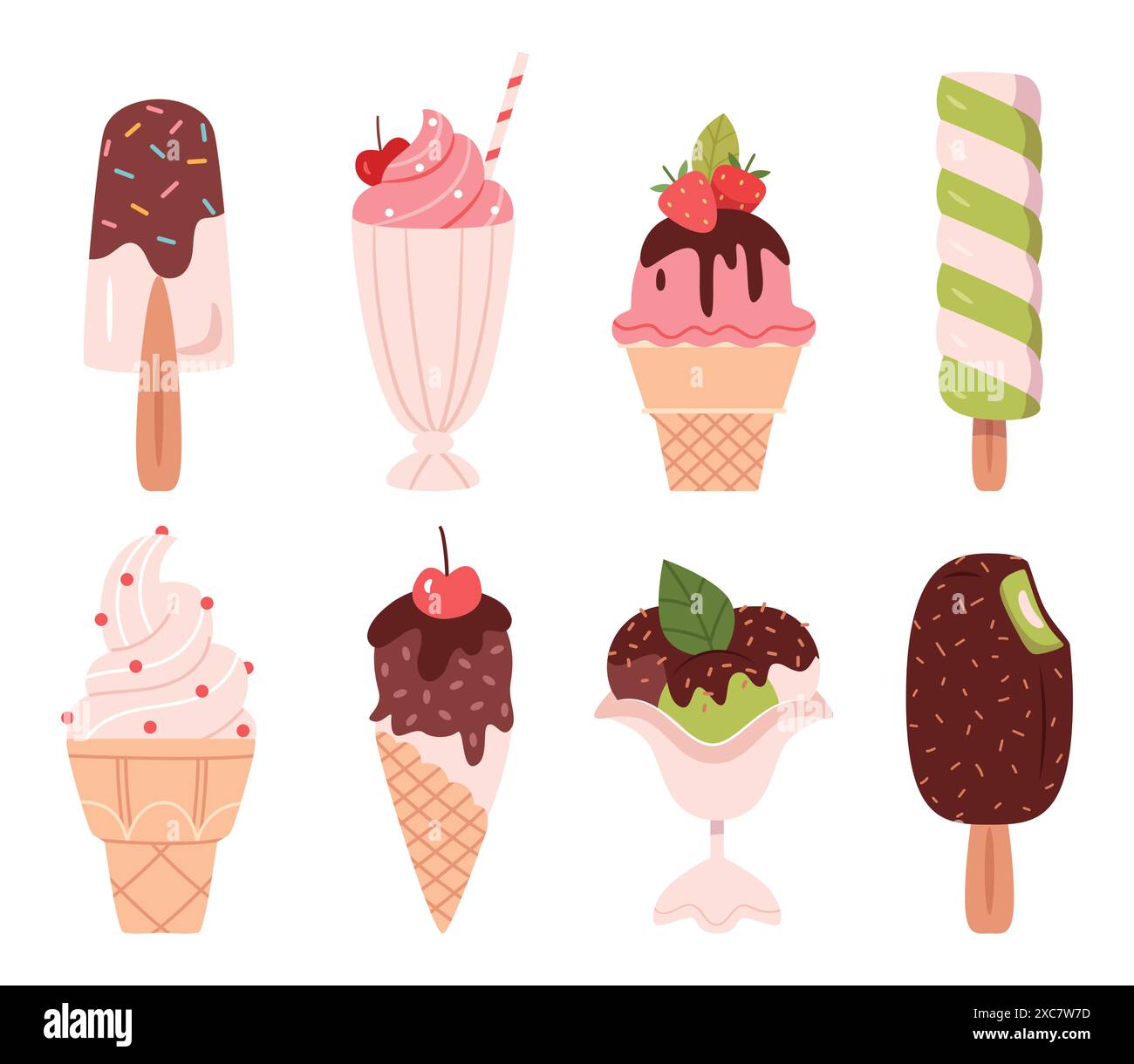 Set di gelati colorati in tazze per waffle, coni e bicchieri. Illustrazione Vettoriale