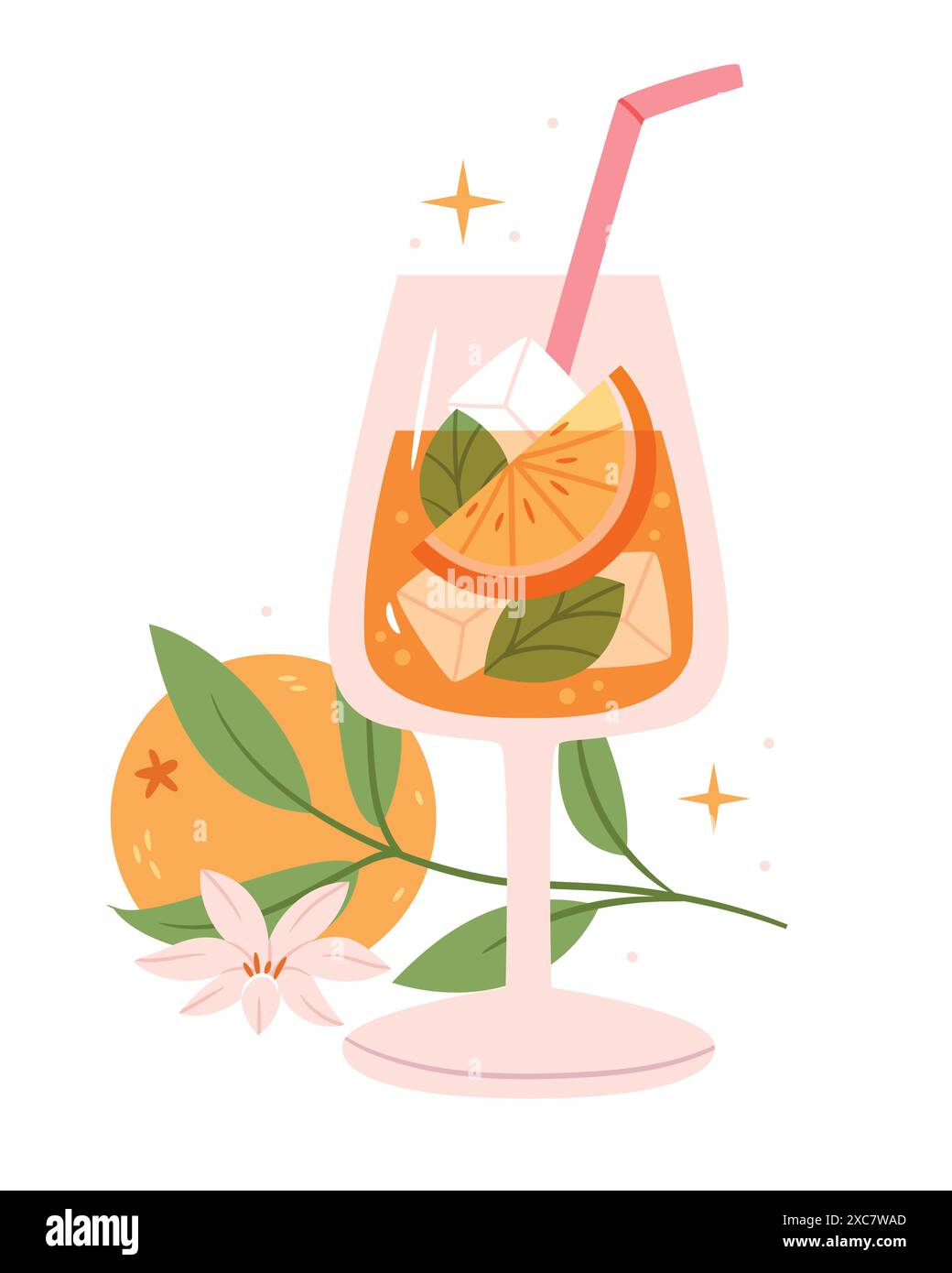 Cocktail estivo di frutta con fette di paglia e agrumi. Cocktail alcolico estivo con prosecco, aperol e arance. Illustrazione Vettoriale