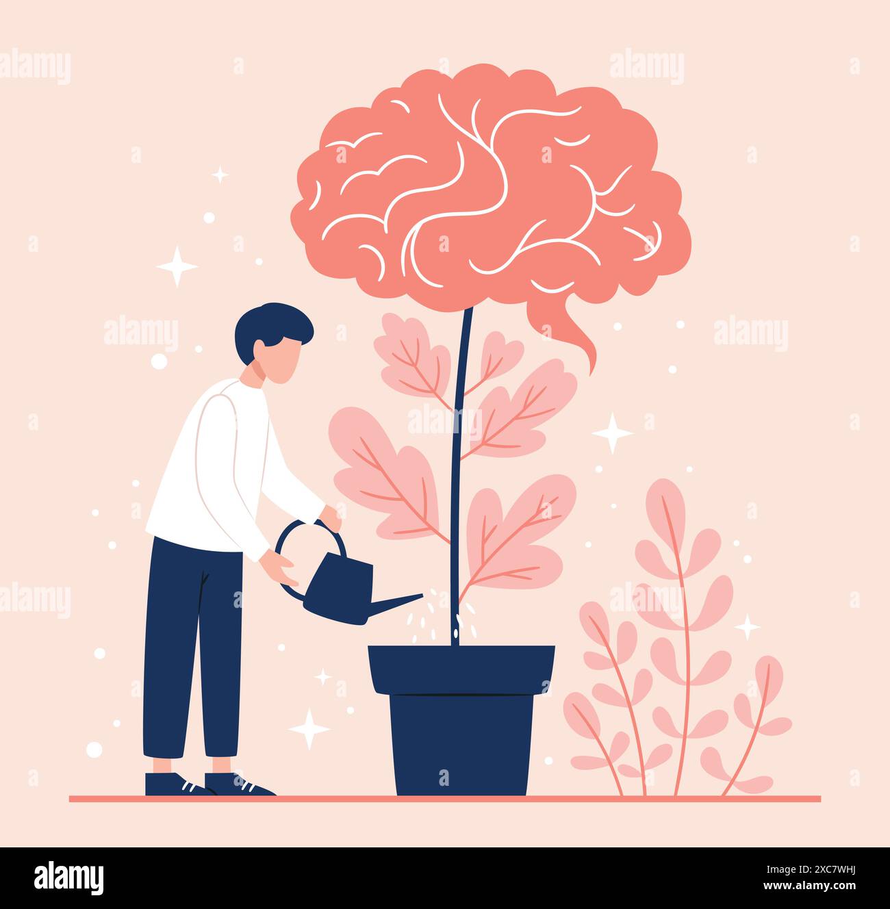 L'uomo tiene in mano una lattina da irrigazione e annaffia una pianta che cresce dal cervello. Concetto di auto-miglioramento. Illustrazione vettoriale colorata Illustrazione Vettoriale