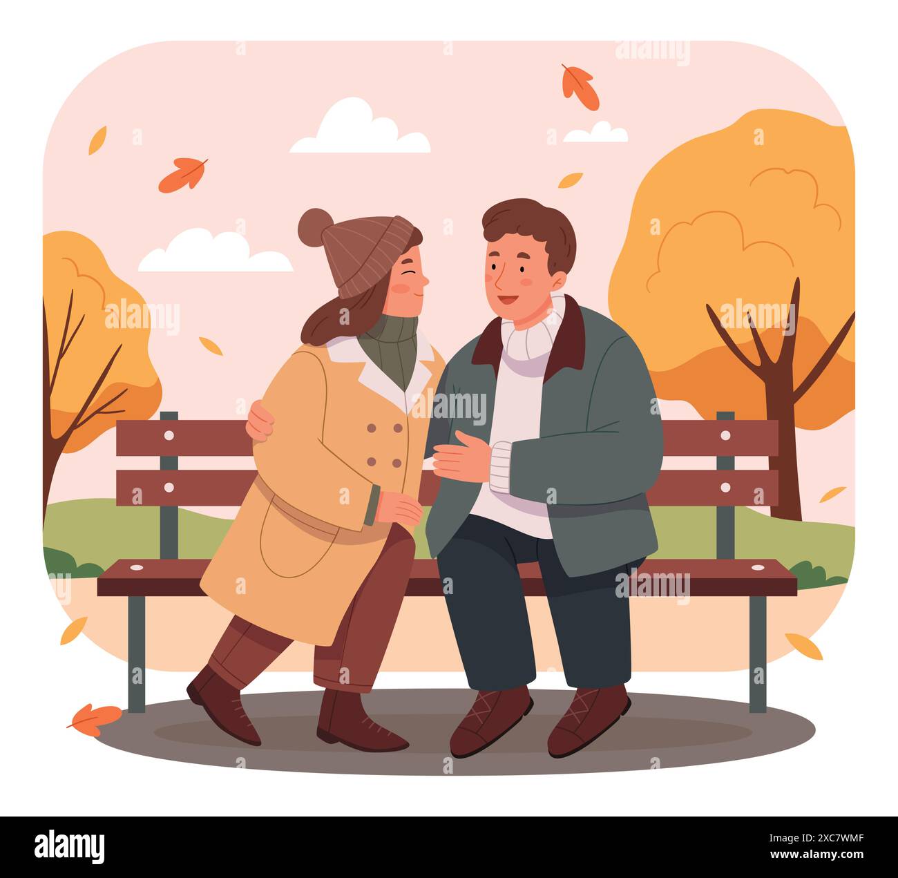 Uomo e donna hanno un appuntamento al parco. Coppia romantica seduta su una panchina e sorridente. Due amanti passano del tempo insieme. Illustrazione vettoriale in un'auto piatta Illustrazione Vettoriale