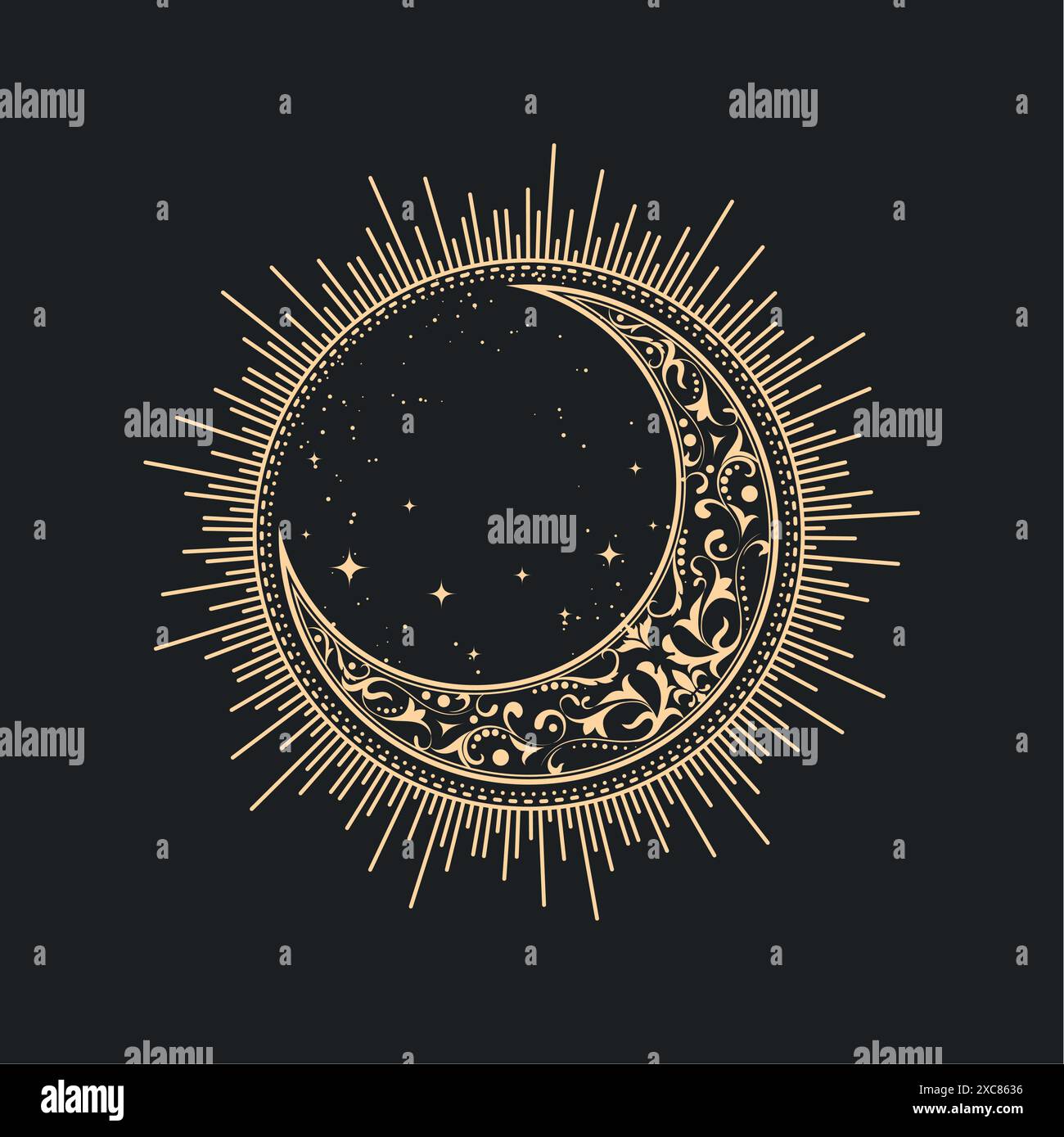 Sole mistico e mezza luna piena di motivi, mezzaluna ornata in stile tarocchi, gioiello magico, simbolo occulto, vettore Illustrazione Vettoriale