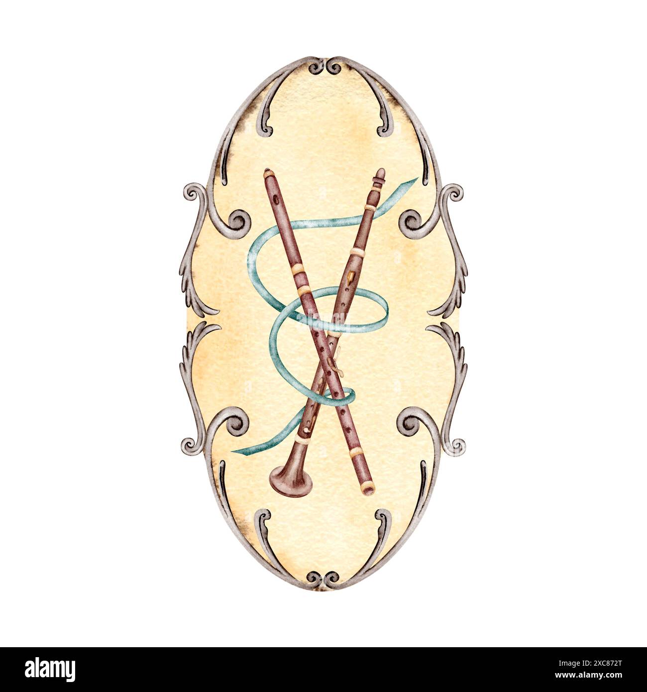 Decorazioni a parete in stile vintage ovale. Cornice in stile antico con strumenti musicali per flauto e clarinetto. Illustrazione ad acquerello disegnata a mano isolata Foto Stock