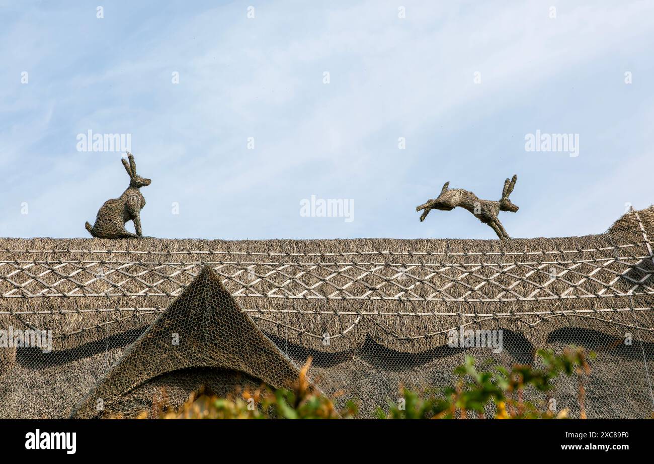 Figure di lepri di paglia che corrono lungo il crinale del tetto di un cottage con tetto di paglia, Sutton, Suffolk, Inghilterra, Regno Unito Foto Stock