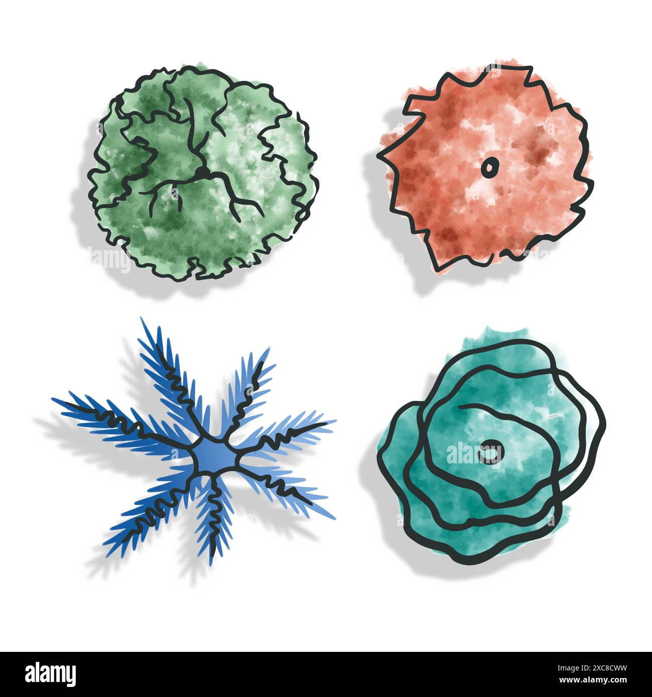 Impostare la vista superiore degli alberi a colori. Pittogrammi per la progettazione orizzontale di piani generali in stile schizzo con ombra. Isolato su sfondo bianco. Vettore. Illustrazione Vettoriale