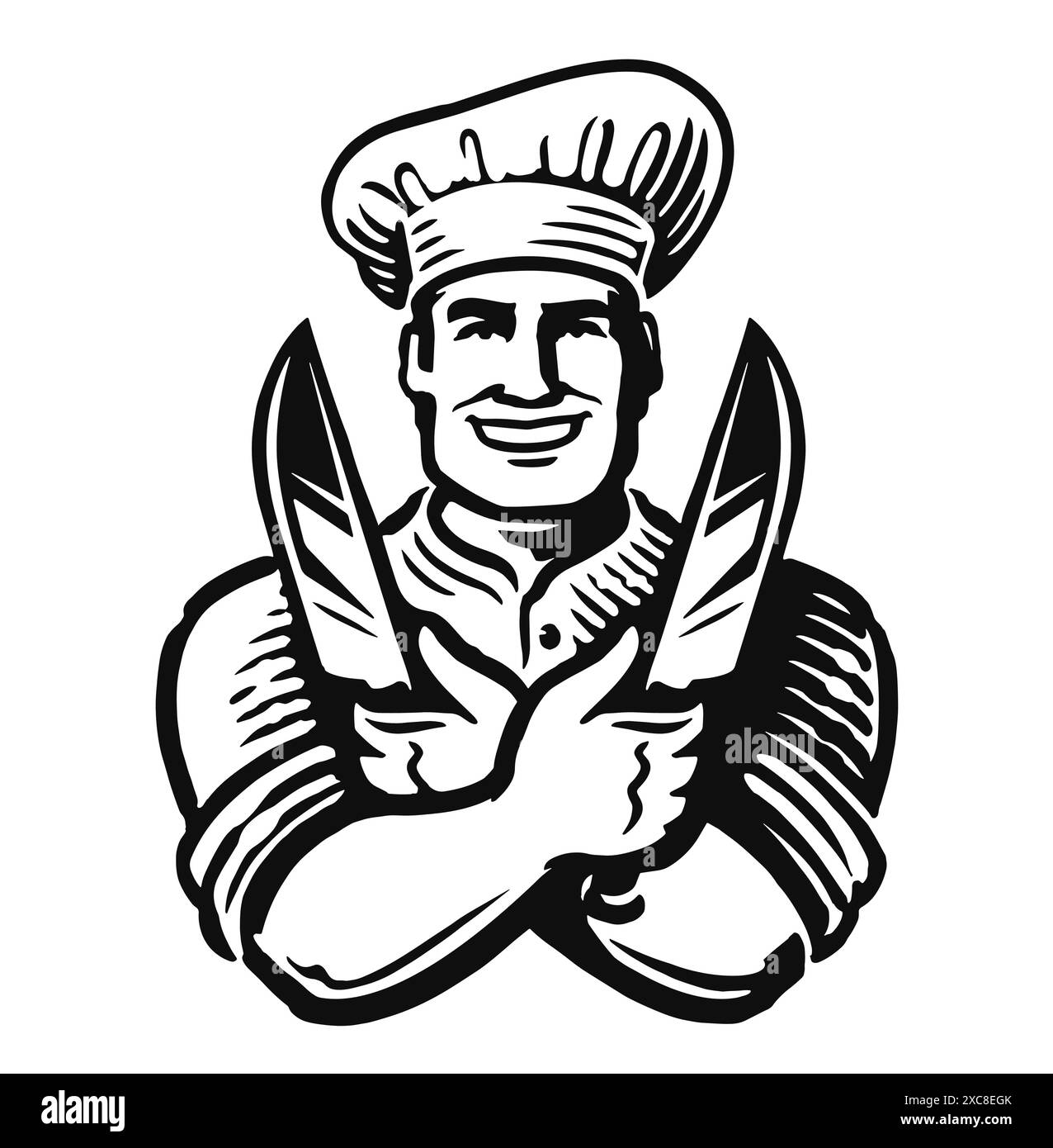 Lo chef ha incrociato le braccia con i coltelli da taglio della carne. Emblema del cuoco maschile felice. Logo macelleria in bianco e nero Illustrazione Vettoriale