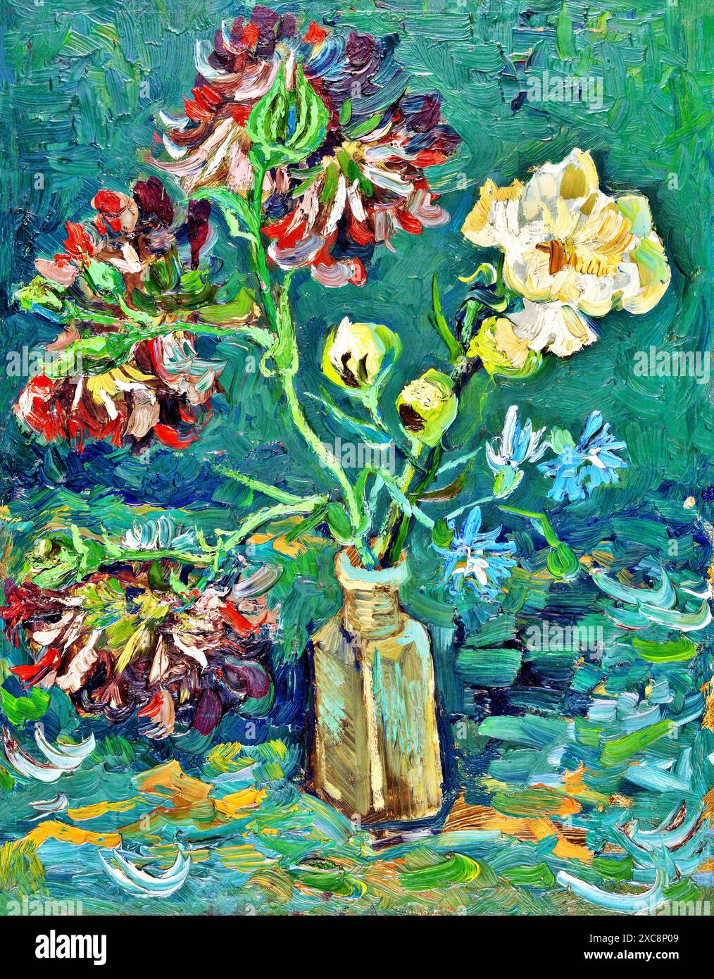 Piccola bottiglia con peonie e delfini blu, 1886 (pittura) artista Gogh, Vincent van (1853-90), olandese. Illustrazione Vettoriale