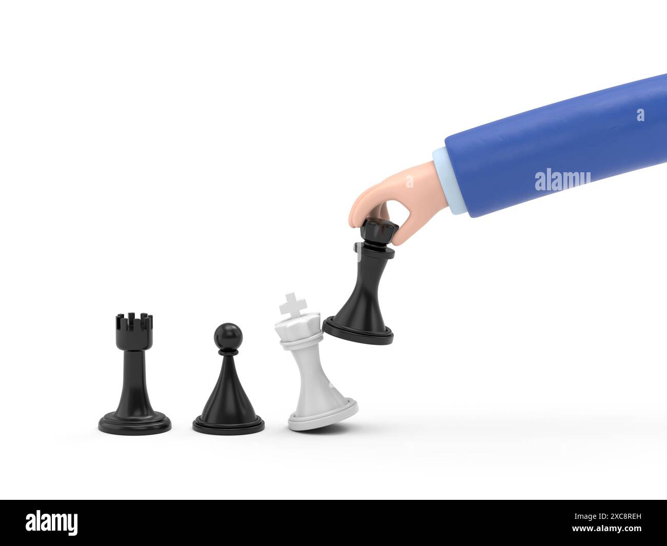 Strategia aziendale. Stratega che tiene in mano la figura scacchistica del re nero. Vittoria in battaglia. Pianificazione e gestione dei concept. Rendering 3D vincente Foto Stock