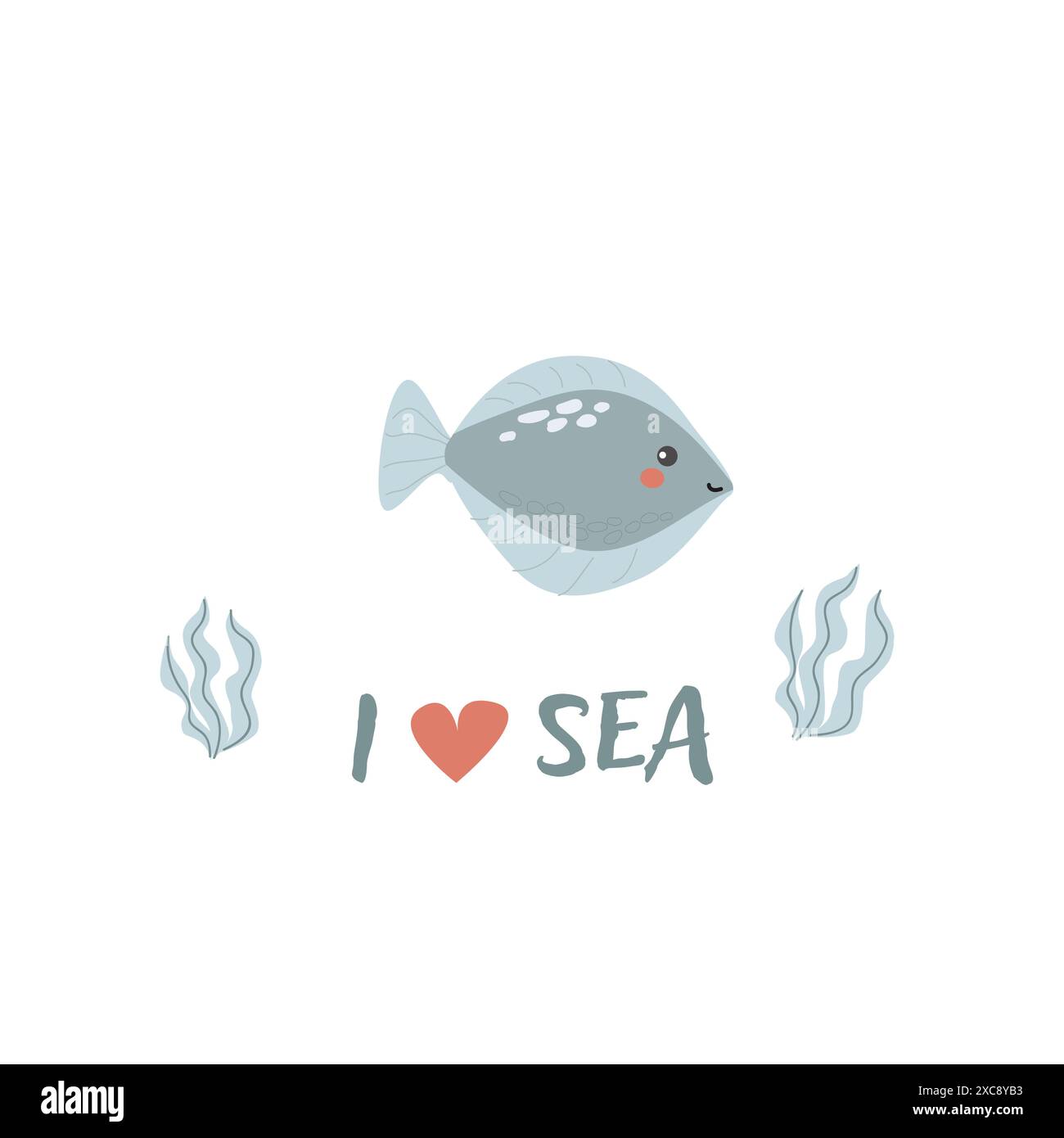 I bambini hanno un background di animali marini con parole. Elementi nautici. Un pesce carino o un abitante dell'oceano con alghe marine. Vita marina selvaggia, animali marini con testo per Illustrazione Vettoriale