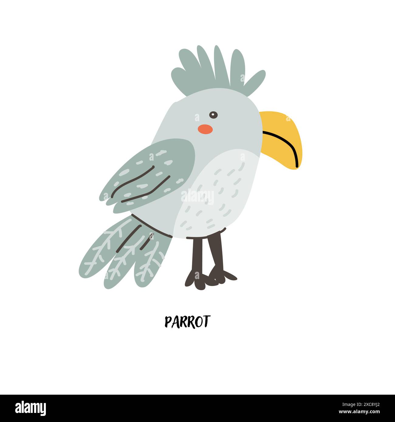 Pappagallo con carta per bambini per l'istruzione. Design dell'asilo. Carino flash card di animali africani in lingua inglese. Simpatico poster dei personaggi dei cartoni animati per Illustrazione Vettoriale