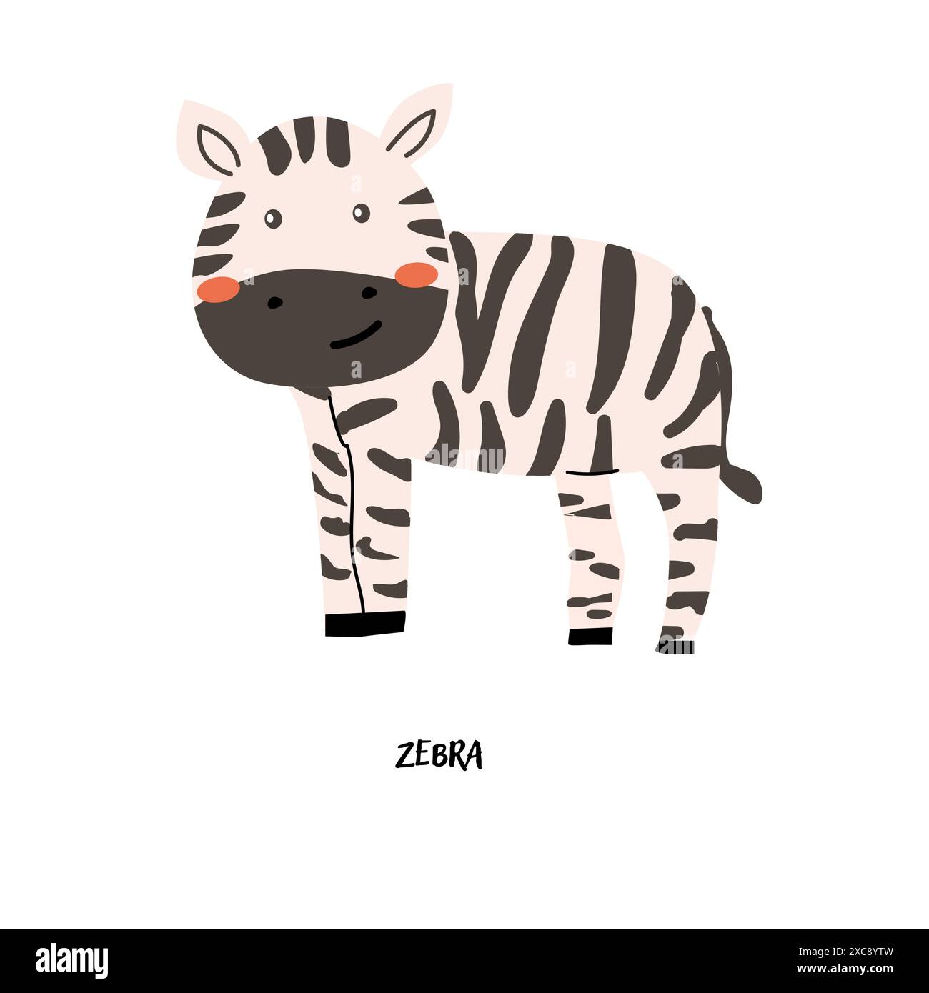 Zebra per bambini con tessera per l'educazione. Design dell'asilo. Carino flash card di animali africani in lingua inglese. Simpatico poster dei personaggi dei cartoni animati per Illustrazione Vettoriale