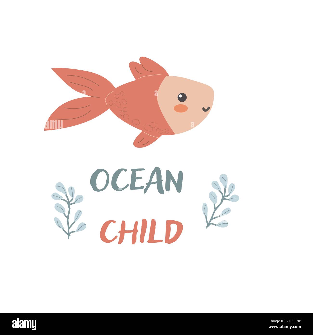 I bambini hanno un background di animali marini con parole. Elementi nautici. Un pesce carino o un abitante dell'oceano con alghe marine. Vita marina selvaggia, animali marini con testo per Illustrazione Vettoriale