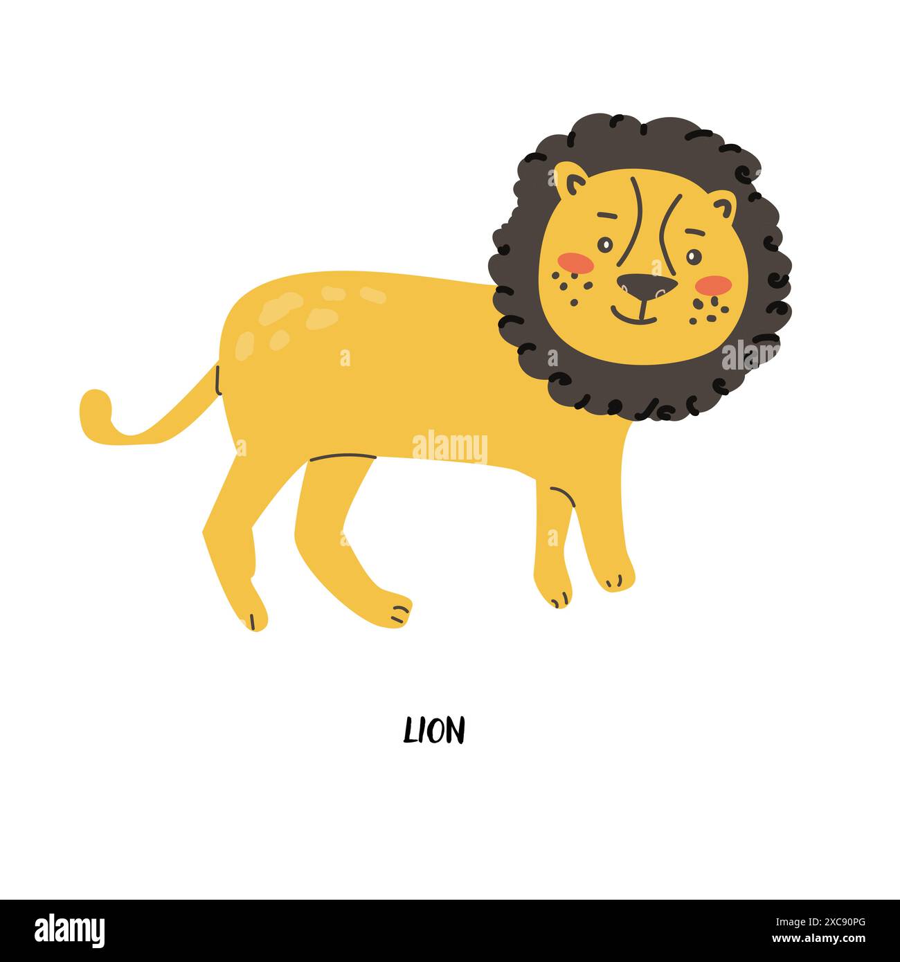 Tessera per bambini per l'educazione. Design dell'asilo. Carino flash card di animali africani in lingua inglese. Simpatico poster dei personaggi dei cartoni animati per Illustrazione Vettoriale