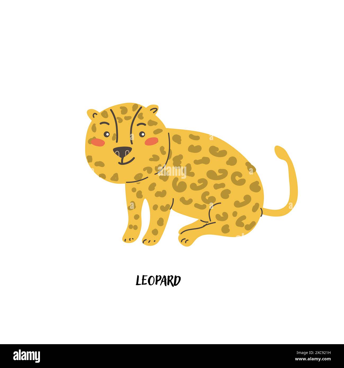 Leopardo della carta degli animali per bambini per l'istruzione. Design dell'asilo. Carino flash card di animali africani in lingua inglese. Simpatico poster dei personaggi dei cartoni animati f Illustrazione Vettoriale