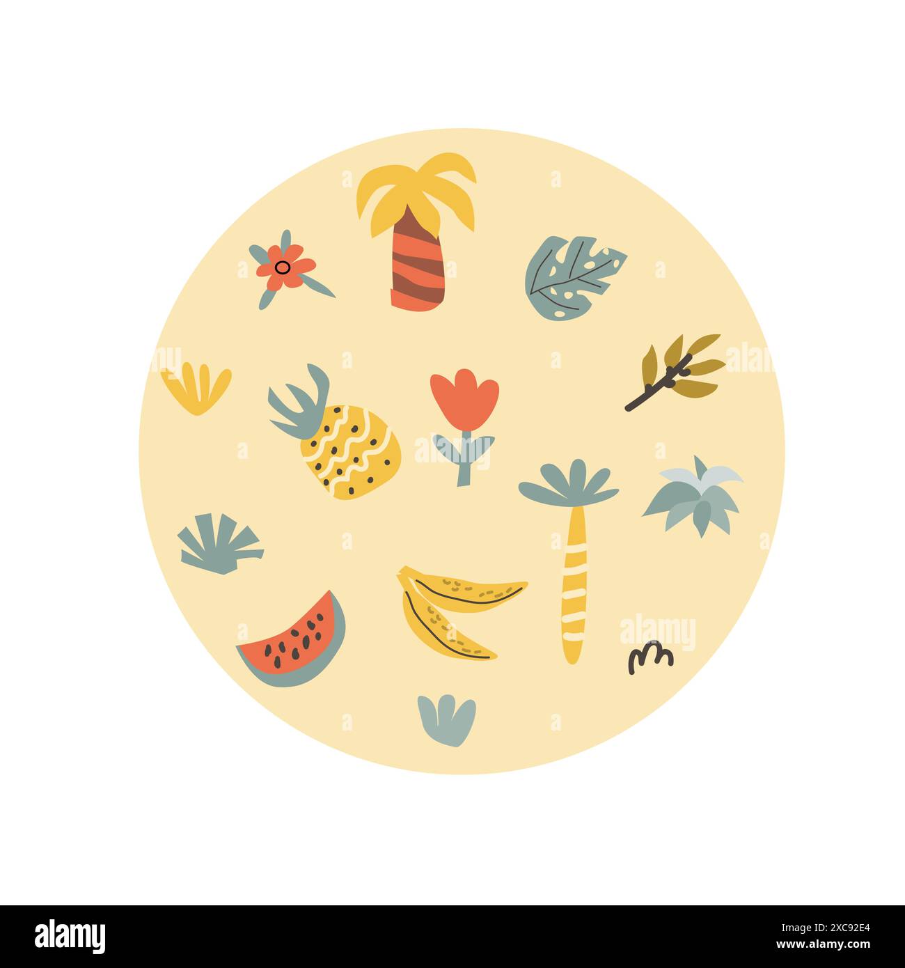 Elementi floreali per bambini per il design dei bambini. Piante tropicali estive, palme e fiori, rami, frutta in stile ingenuo. Può essere utilizzato per la rottamazione, infermiere Illustrazione Vettoriale