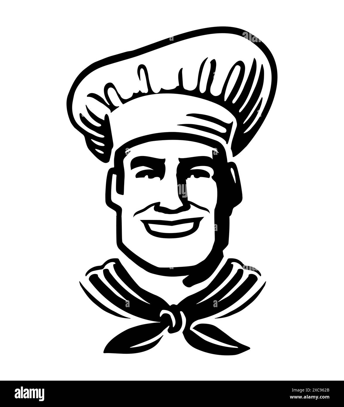 Divertente cartoni animati che sorride chef. Emblema o simbolo di panificio, bistrot, ristorante. Illustrazione del vettore Cook maschile Illustrazione Vettoriale