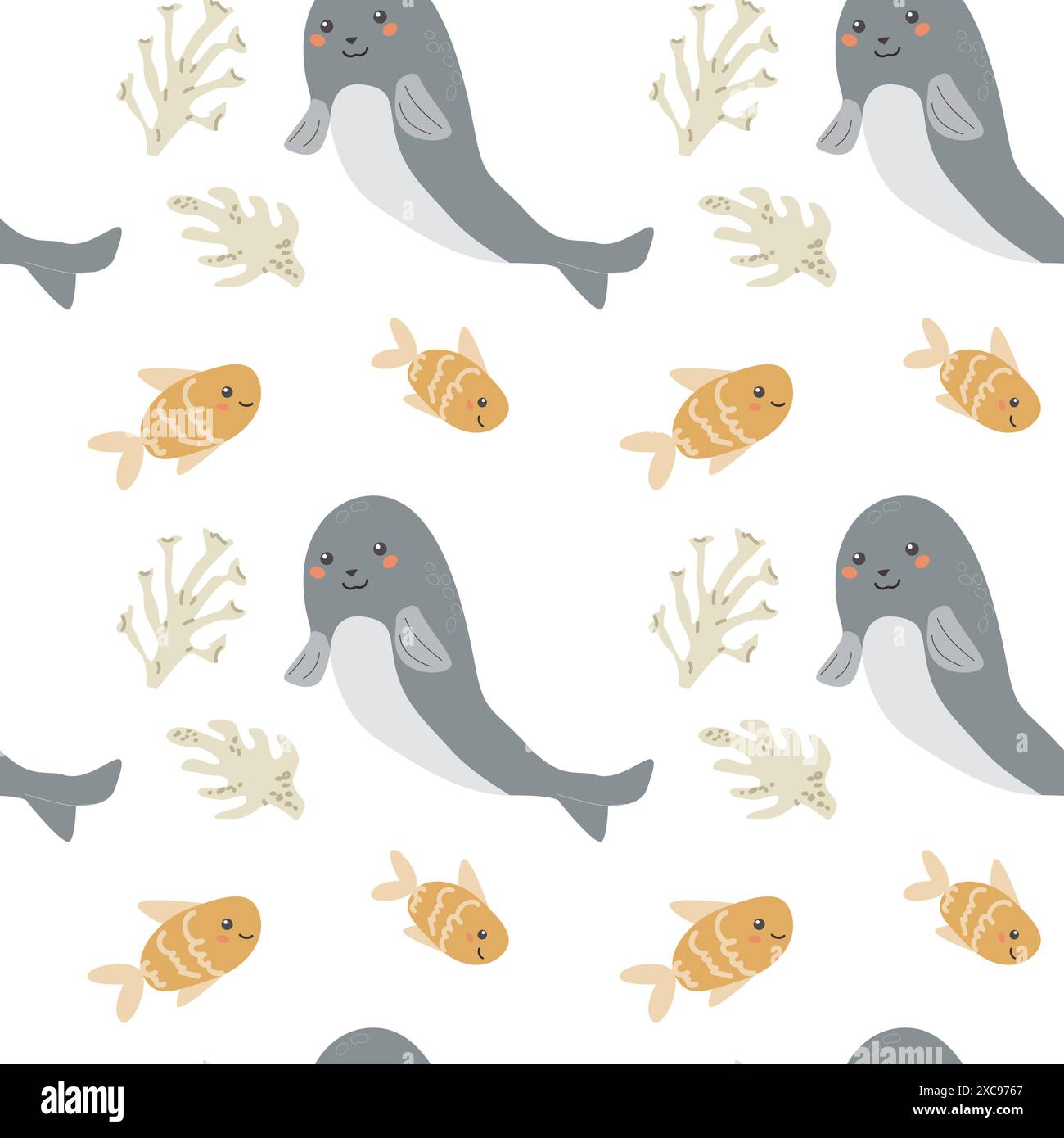 I bambini hanno un motivo di animali marini, la vita marina oceanica infantile sullo sfondo senza interruzioni. Stampe di animali della nursery baby. Gli abitanti subacquei raccolgono retroterra Illustrazione Vettoriale
