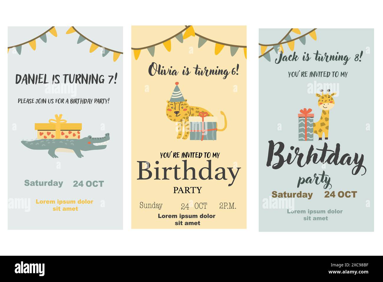 Set di poster per l'invito al compleanno dei bambini. Può essere utilizzato per feste di compleanno e design infantile. Animali e regali carini. Festa con animali tropicali invitano backgro Illustrazione Vettoriale