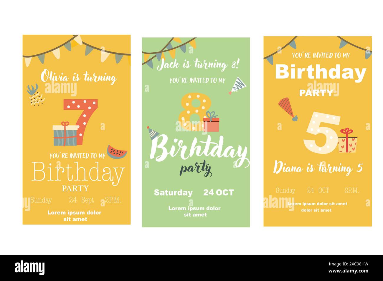 Set di poster per l'invito al compleanno dei bambini. Può essere utilizzato per feste di compleanno e design infantile. Animali e regali carini. Festa con animali tropicali invitano backgro Illustrazione Vettoriale