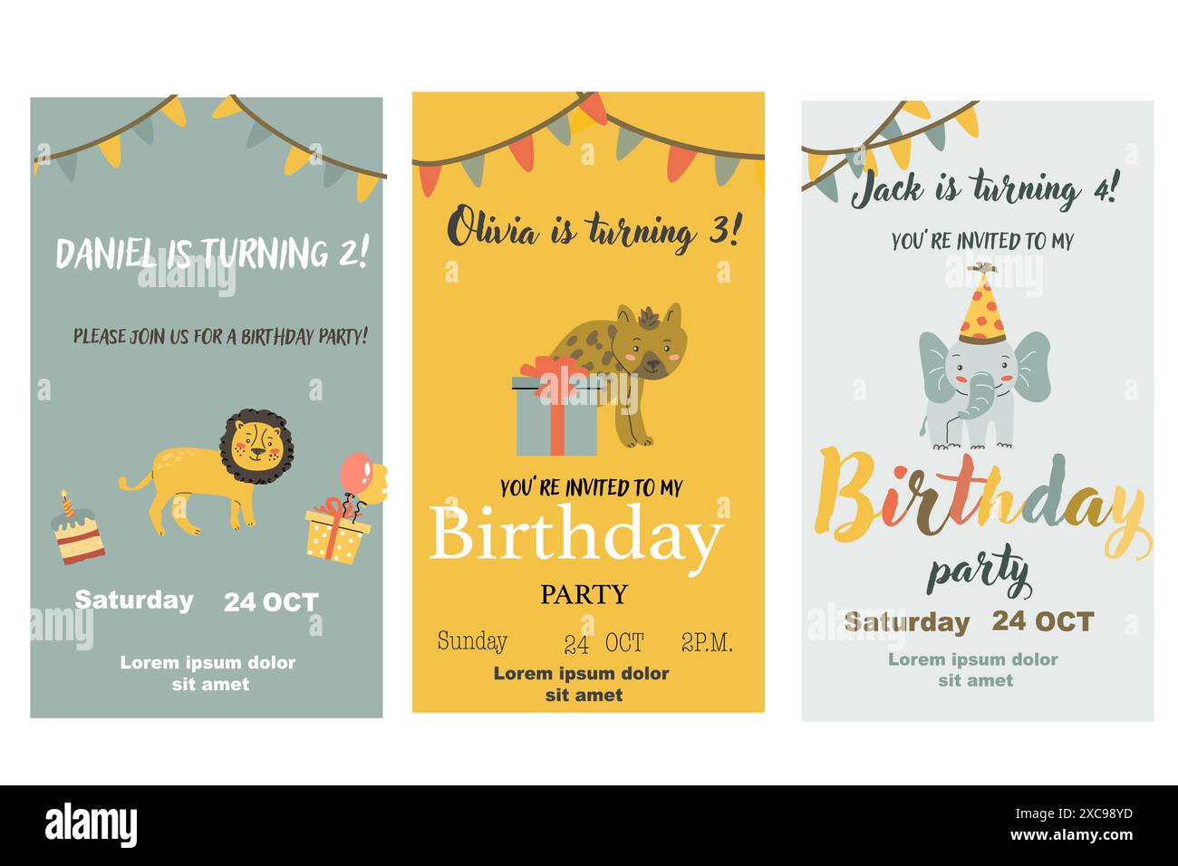 Set di poster per l'invito al compleanno dei bambini. Può essere utilizzato per feste di compleanno e design infantile. Animali e regali carini. Festa con animali tropicali invitano backgro Illustrazione Vettoriale
