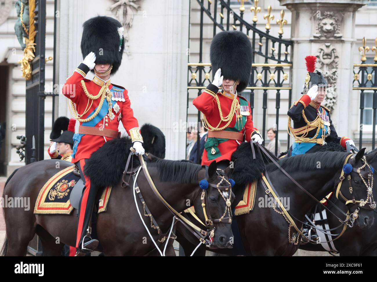 Londra, Regno Unito. 15 giugno 2024. WilliamIl Principe di Galles, Edoardo il Duca di Edimburgo e la Principessa Anna fanno un saluto all'annuale 'Trooping the Colour' sul Mall di Londra sabato 15 giugno 2024. La cerimonia si svolge ogni anno e risale all'epoca del re Carlo II. Foto di Hugo Philpott/UPI crediti: UPI/Alamy Live News Foto Stock