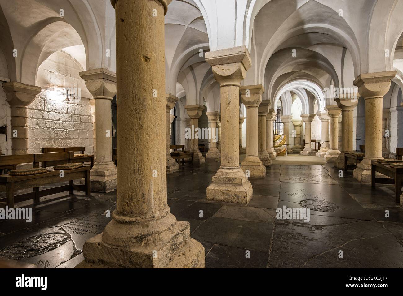 La cripta della cattedrale di Worcester è stata costruita nel 1084. Ha gruppi di moli di pietra cremosa e pareti bianche dipinte di calce ed è a più navate. Foto Stock