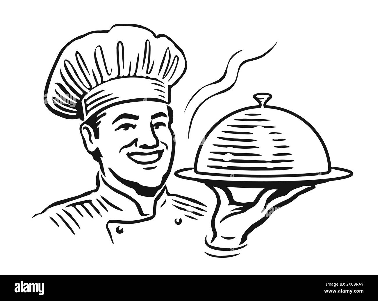 Lo chef prepara piatti caldi in un vassoio con il cappello. Disegno in bianco e nero per il design del menu del ristorante o della caffetteria Illustrazione Vettoriale