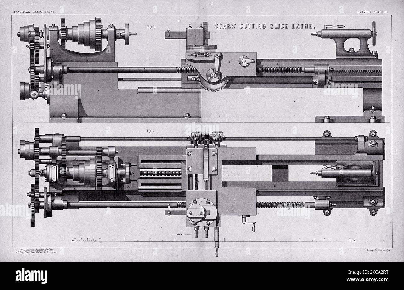 Questa litografia, creata da Mackay Kirkwood nel 1860, mostra una vista dettagliata di un tornio scorrevole per il taglio di viti. L'immagine raffigura il tornio da entrambi i lati e dall'alto, rivelando il funzionamento intricato della macchina. Questa illustrazione è una testimonianza dei progressi tecnologici nell'industria manifatturiera durante la metà del XIX secolo. Foto Stock