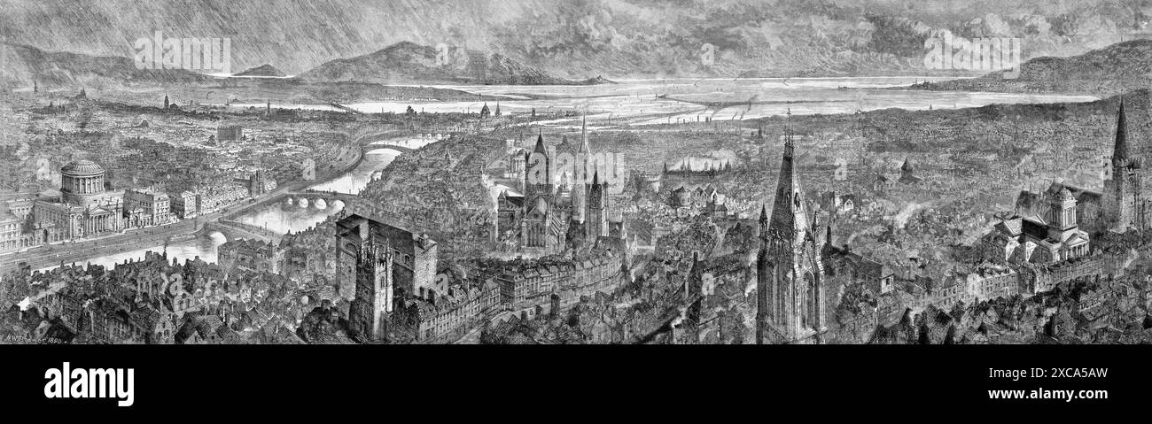 A Birds Eye view of Dublin nel 1890, disegnato da Henry William Brewer (1836-1903), un illustratore britannico come supplemento al Graphic Magazine Foto Stock