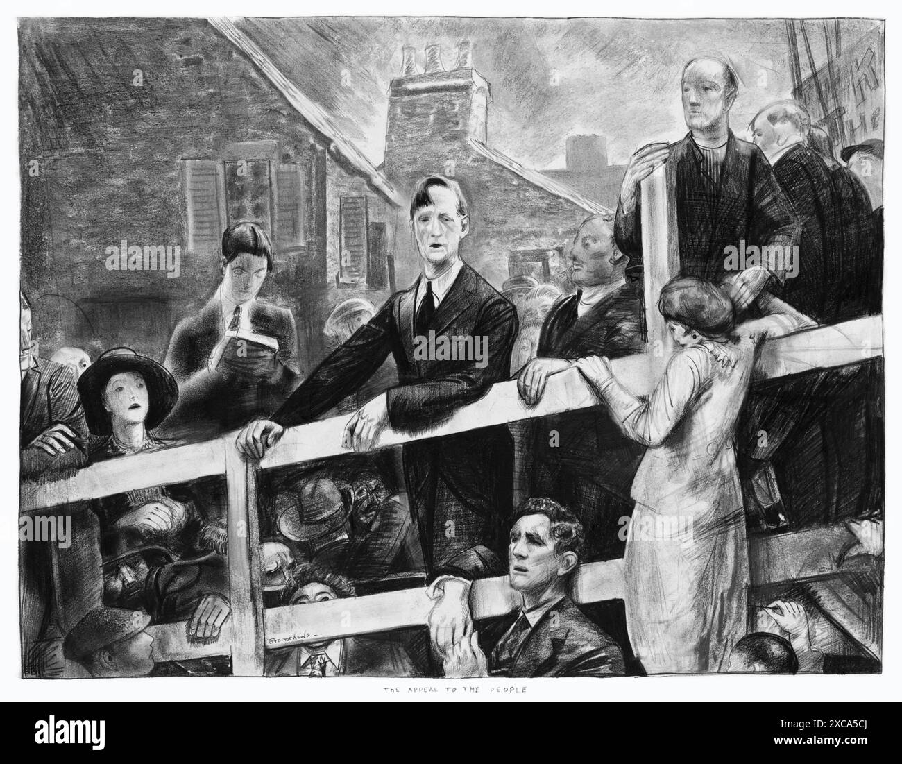 Un disegno di George Wesley Bellows (1882-1925) di Éamon De Valera che parlava nella contea di Clare, in Irlanda, nel 1923. In precedenza, Dev divenne un leader della fallita ribellione di Pasqua nel 1916. Dopo il suo rilascio dalla prigione nel 1917 De Valera fu eletto al Parlamento britannico. Nel 1921 De Valera prese parte ai negoziati con il governo britannico che istituì lo Stato libero d'Irlanda. Tuttavia, l'insediamento divise l'Irlanda e De Valera non accettò la divisione che portò alla guerra civile irlandese che ebbe inizio a Jine nel 1922. Foto Stock