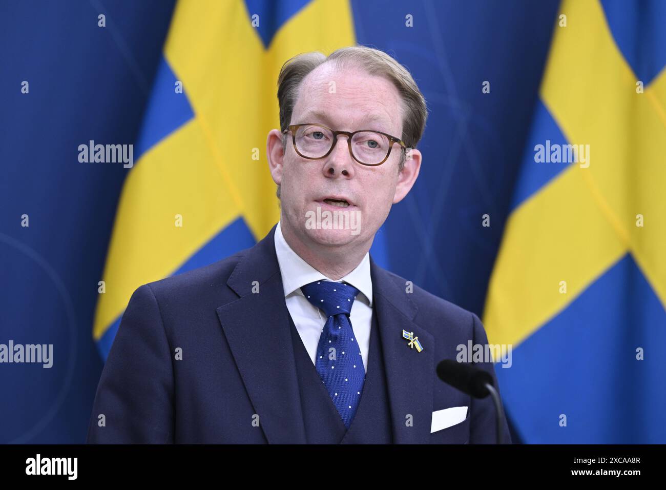 Stoccolma, Svezia. 15 giugno 2024. Il ministro degli Esteri svedese Tobias Billström tiene una conferenza stampa perché Johan Floderus e Saeed Azizi, imprigionati in Iran, sono ora a casa in Svezia dopo uno scambio contro il criminale anti-traffico Hamid Noury. Stoccolma, Svezia 15 giugno 2024 foto: Jessica Gow/TT/codice 10070 credito: TT News Agency/Alamy Live News Foto Stock