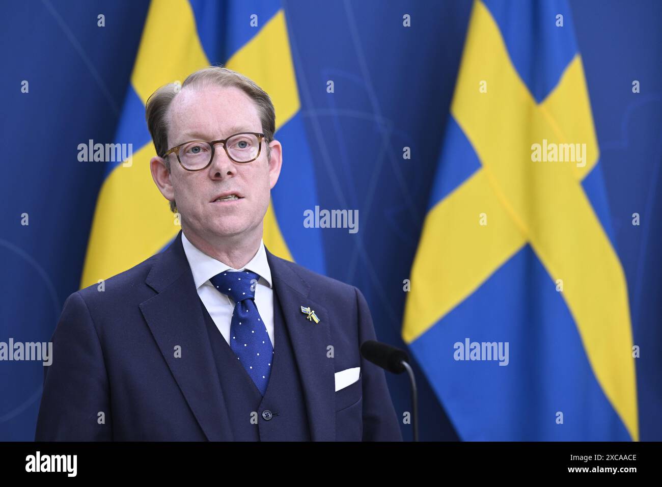 Stoccolma, Svezia. 15 giugno 2024. Il ministro degli Esteri svedese Tobias Billström tiene una conferenza stampa perché Johan Floderus e Saeed Azizi, imprigionati in Iran, sono ora a casa in Svezia dopo uno scambio contro il criminale anti-traffico Hamid Noury. Stoccolma, Svezia 15 giugno 2024 foto: Jessica Gow/TT/codice 10070 credito: TT News Agency/Alamy Live News Foto Stock