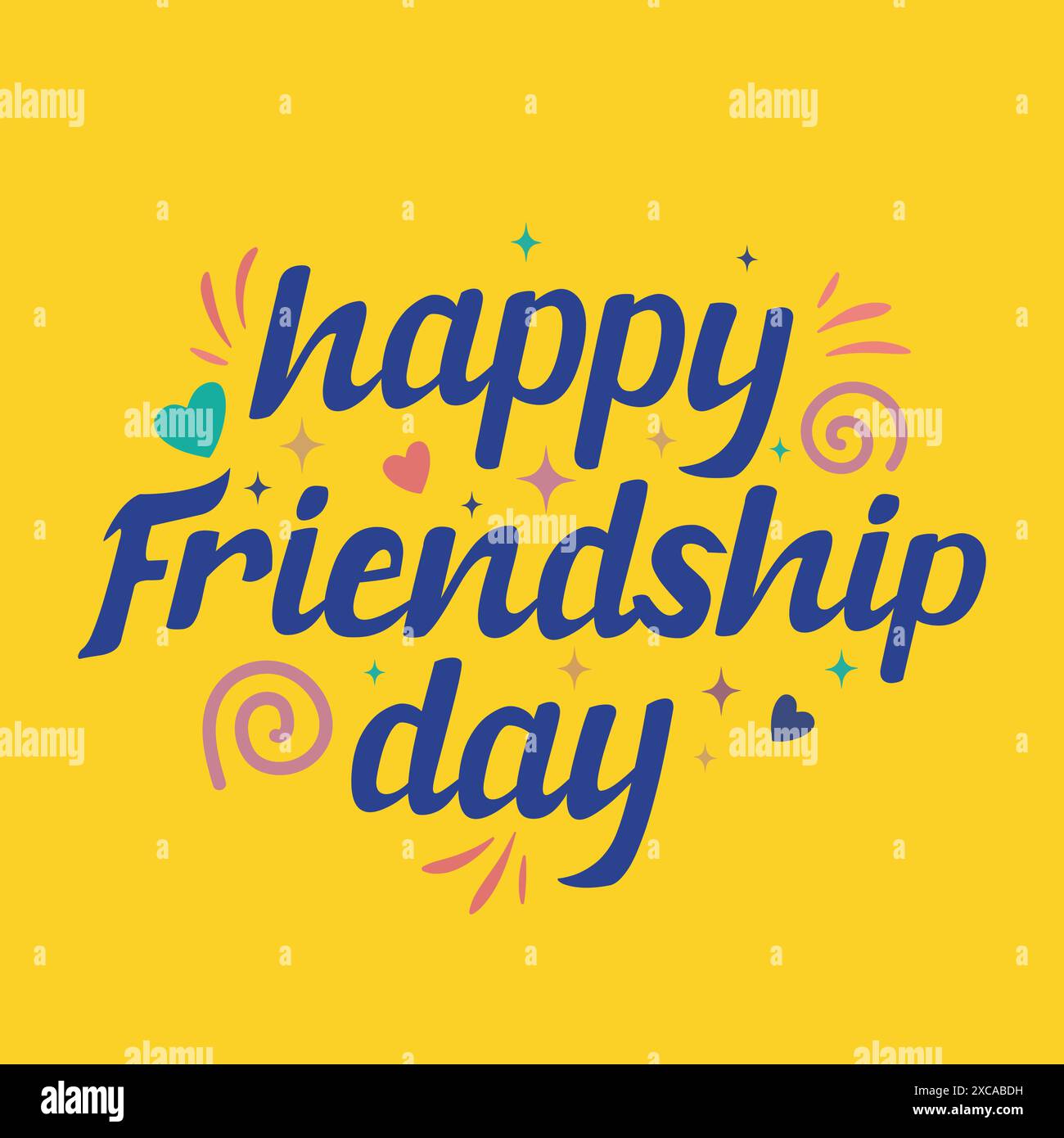 Buona giornata dell'amicizia colorata illustrazione vettoriale tipografica con cuori carini ed elementi di amicizia su sfondo blu. Poster del giorno dell'amicizia, Ban Illustrazione Vettoriale