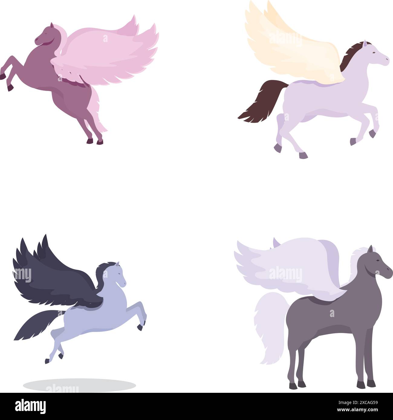 Collezione di quattro illustrazioni pegasus, con colori e stili delle ali diversi Illustrazione Vettoriale
