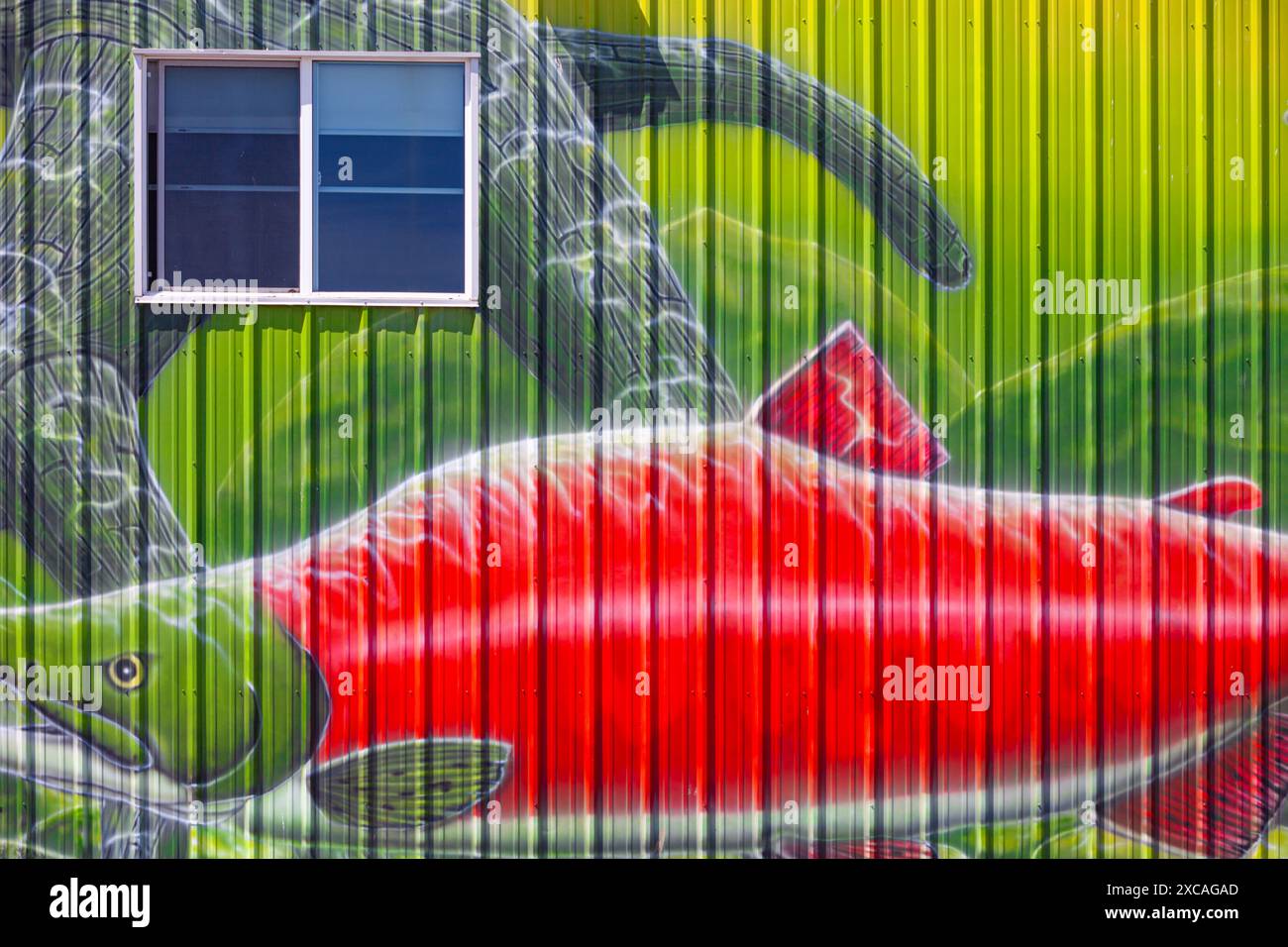 Pittura murale al salmone sul lato di un edificio industriale a Steveston, British Columbia, Canada Foto Stock