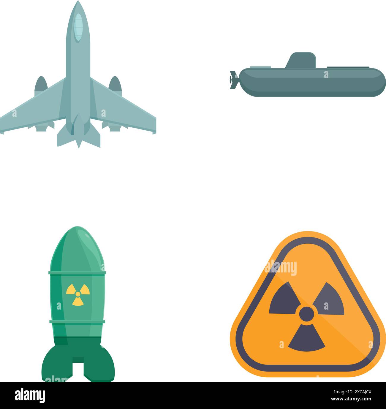 Collezione di quattro icone piatte che rappresentano aerei militari, sottomarini, missili e pericolo di radiazioni Illustrazione Vettoriale