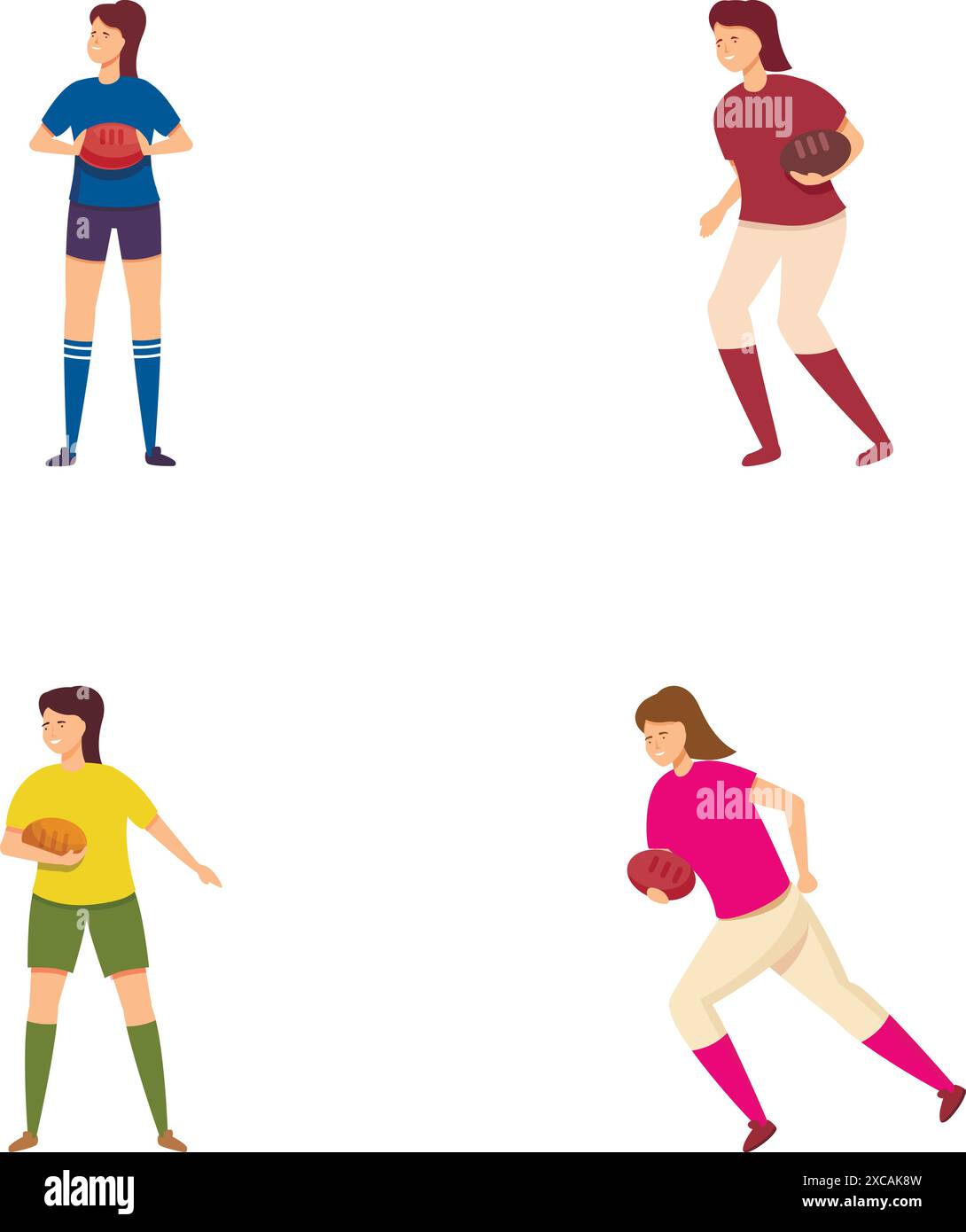 Set di diverse atlete femminili illustrate in diversi abiti e pose sportive Illustrazione Vettoriale