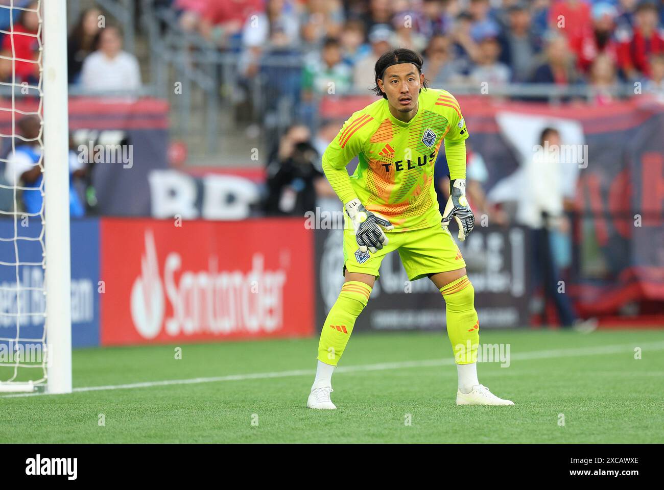 15 giugno 2024; Foxborough, ma, Stati Uniti; il portiere dei Vancouver Whitecaps Yohei Takaoka (1) in azione durante la partita MLS tra Vancouver Whitecaps FC e New England Revolution. Anthony Nesmith/CSM Foto Stock