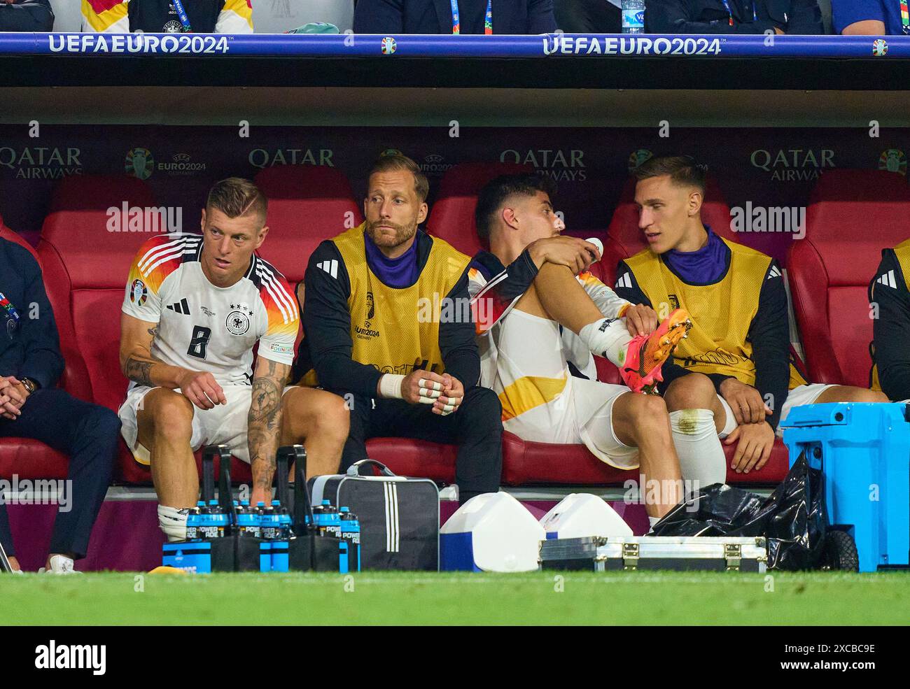 Toni Kroos, DFB 8 Oliver Baumann, DFB 12, Kai Havertz, DFB 7 Nico Schlotterbeck, DFB 15 nella partita a gironi GERMANIA - SCOZIA 5-1 dei Campionati europei UEFA 2024 il 14 giugno 2024 a Monaco di Baviera, Germania. Fotografo: Peter Schatz Foto Stock