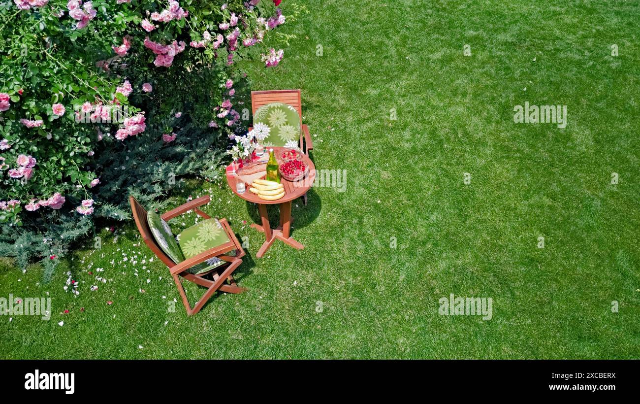 Tavolo decorato con pane, fragole e frutta nello splendido giardino di rose estivo, vista dall'alto del romantico tavolo da pranzo per due Foto Stock