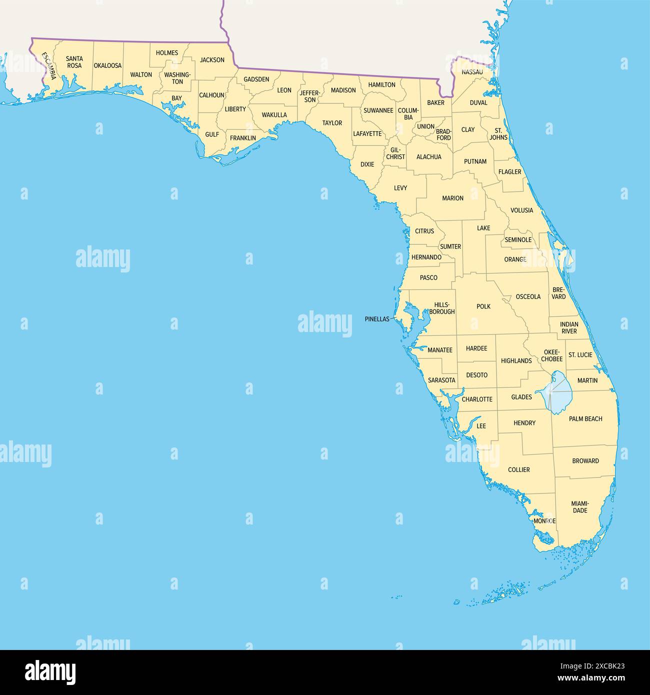 Contee dello stato della Florida, mappa politica. La Florida, uno stato nella regione sud-orientale degli Stati Uniti, suddiviso in 67 contee. Foto Stock