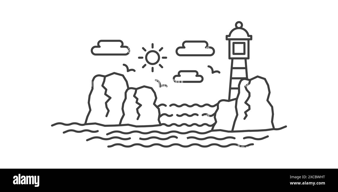 Vista sul mare con faro sulle rocce, onde del mare, sole nelle nuvole, illustrazione vettoriale con icona a forma di linea Illustrazione Vettoriale