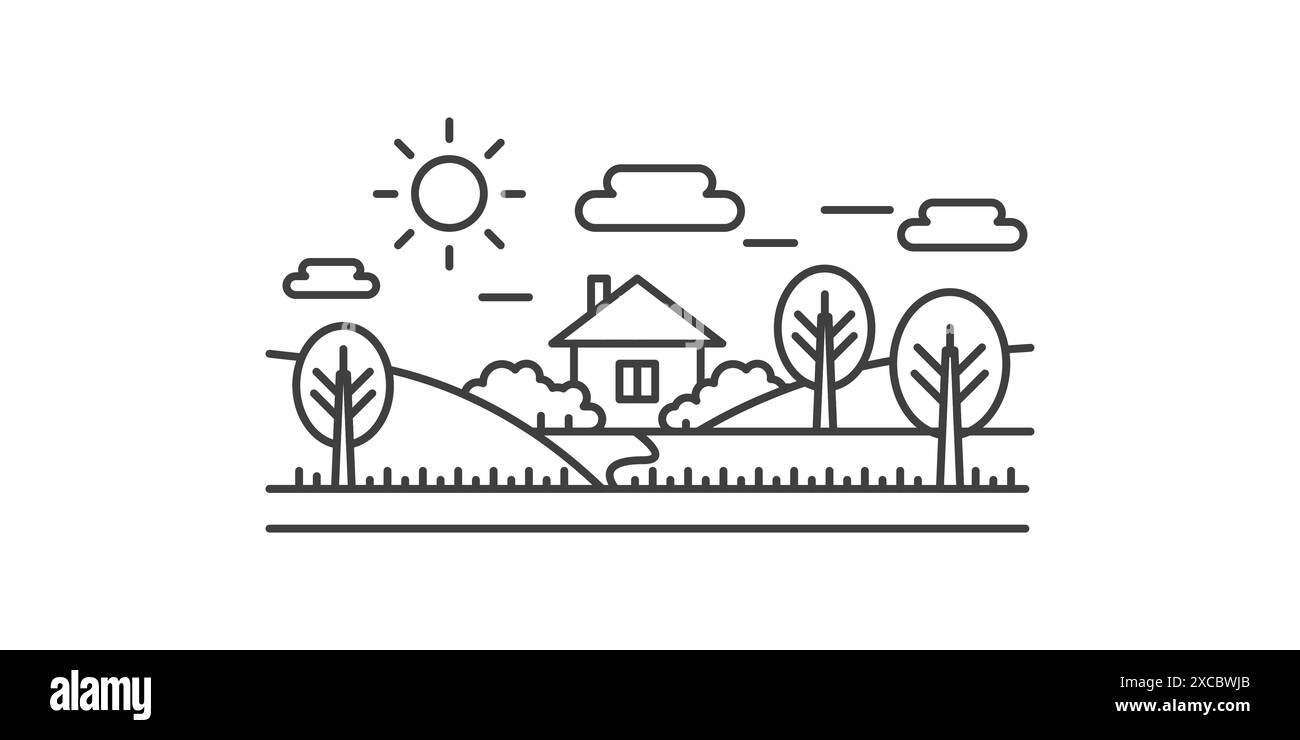 Paesaggio paesaggistico con strada per gli agricoltori che abbraccia campi con alberi, illustrazione vettoriale con icona a forma di linea Illustrazione Vettoriale