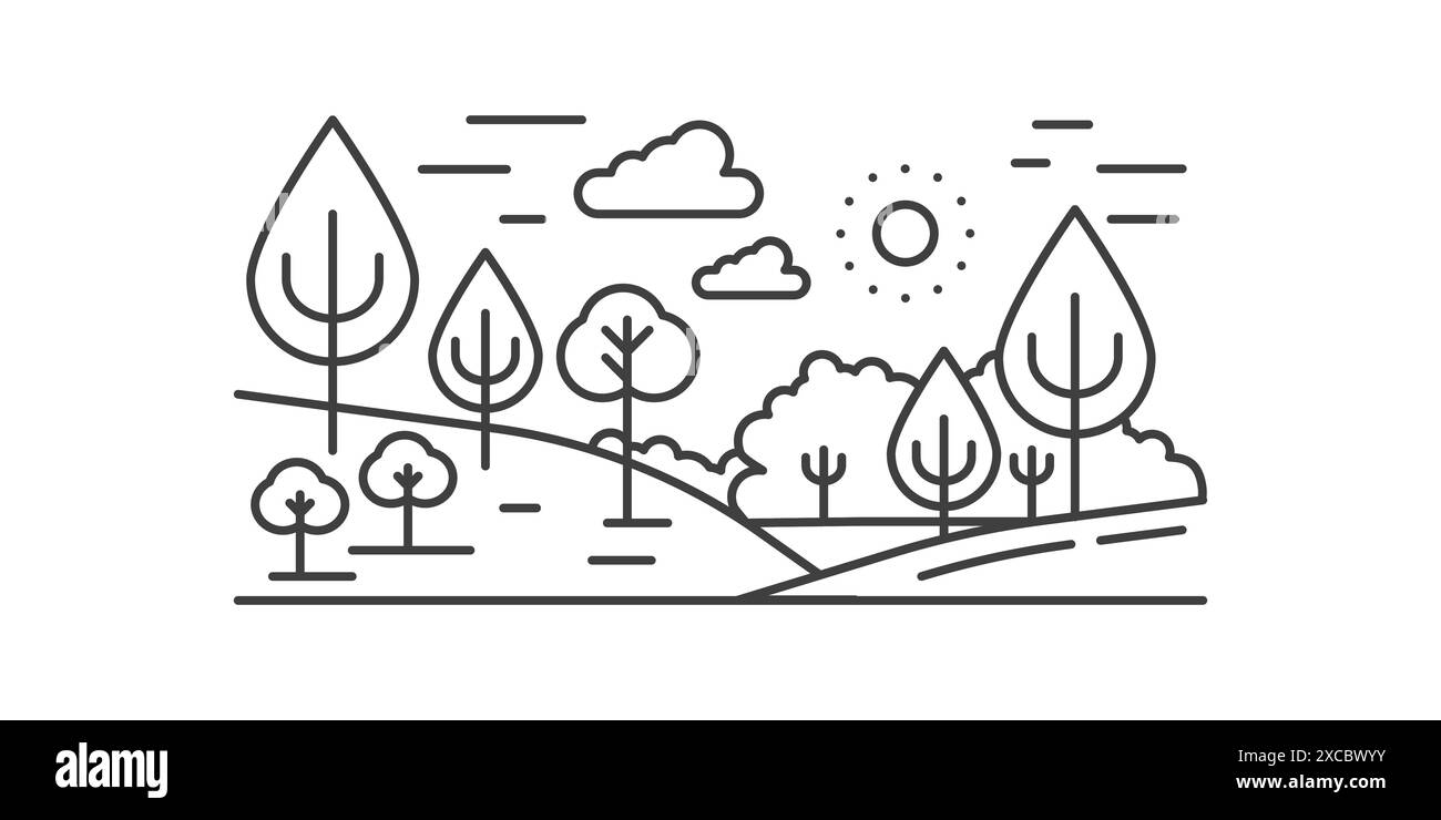Paesaggio boschivo, alberi diversi che crescono sulle colline nelle giornate di sole, illustrazione vettoriale con icona a forma di linea Illustrazione Vettoriale