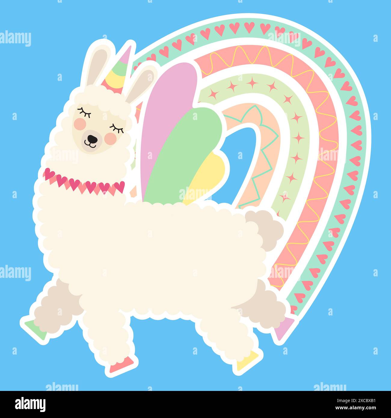 Adesivo simpatico unicorno alpaca con boho arcobaleno. Lama da sogno a cartoni animati con corno e ali che volano nel cielo, illustrazione vettoriale. Elem. Design infantile Illustrazione Vettoriale