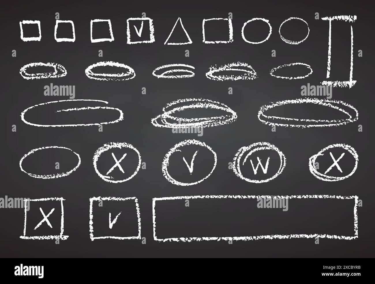 Matita al carbone che disegna a mano linee ricciose, schizzi, scoiattoli e forme. Elementi di gesso bianco su lavagna nera scarabocchi di scarabocchi di granchio di gesso Grunge Illustrazione Vettoriale