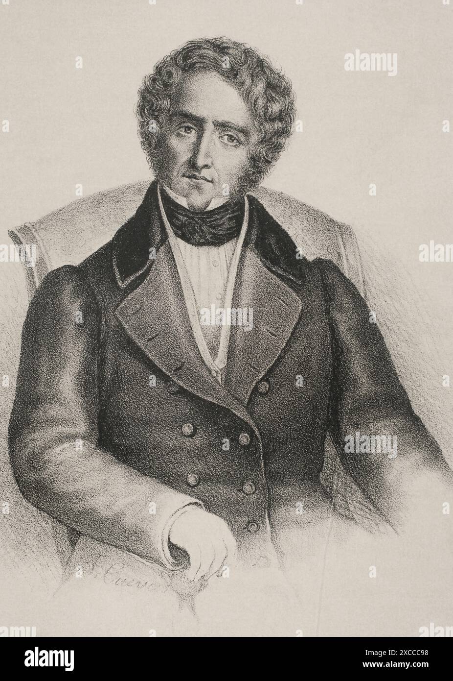 Juan Alvarez de Mendizábal (1790-1853). Politico e finanziere spagnolo che ebbe grande importanza nella rivoluzione liberale spagnola. Fu nominato Ministro delle Finanze nel luglio 1835 dal Conte di Toreno, dal quale promosse la confisca delle proprietà della Chiesa cattolica. Verticale. Disegno di José Cuevas. Litografia. "Historia de la guerra Civil y de los partidos liberal y carlista" (storia della guerra civile e dei partiti liberali e carlisti), di Antonio Pirala. Volume II. Madrid, 1868. Foto Stock