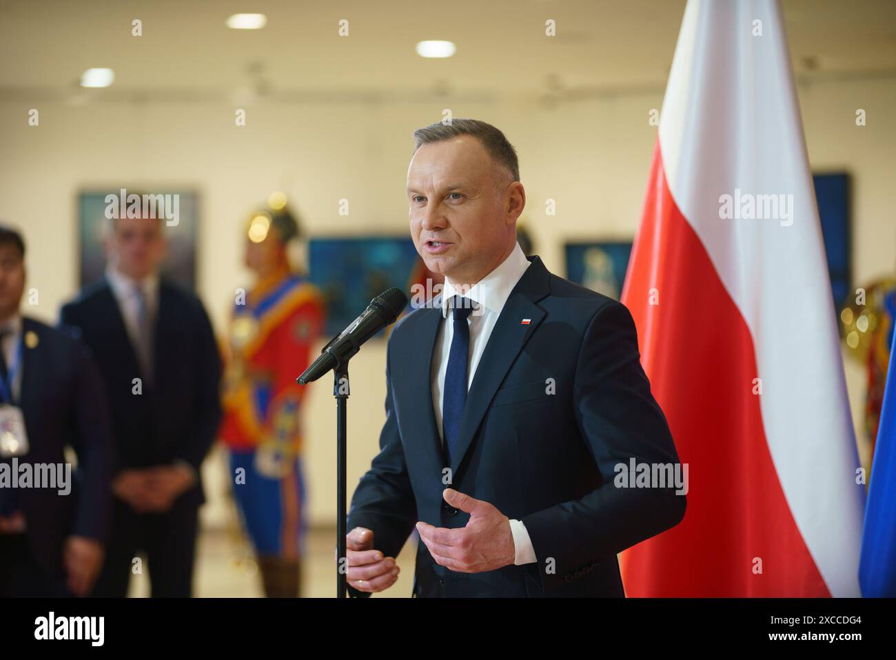 Ulan Bator, Mongolia. 26 aprile 2023. Durante la sua visita in Mongolia, il presidente polacco Duda visitò il Museo di Genghis Khan. Crediti: L.Enkh-Orgil. Foto Stock
