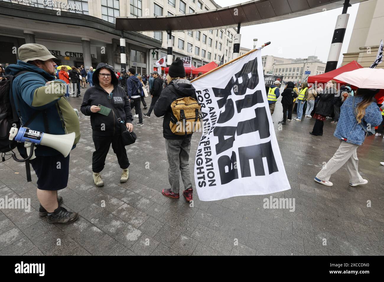 Brussel, Belgio. 16 giugno 2024. Domenica 16 giugno 2024, a Bruxelles, l'organizzazione per i diritti degli animali "Bite Back” ha organizzato un'azione di protesta per chiedere maggiori aiuti finanziari per la produzione di alimenti a base vegetale. I manifestanti affermano che una dieta vegana è migliore per gli animali, la salute umana e il clima. BELGA FOTO NICOLAS MAETERLINCK credito: Belga News Agency/Alamy Live News Foto Stock